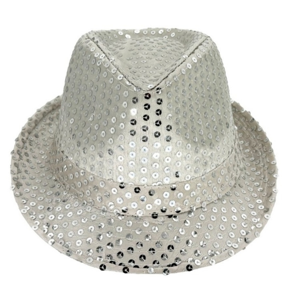 GROOVY GLAM Silver Sequins on White Fedora Unisex Party Hat - Picture 3 of 7